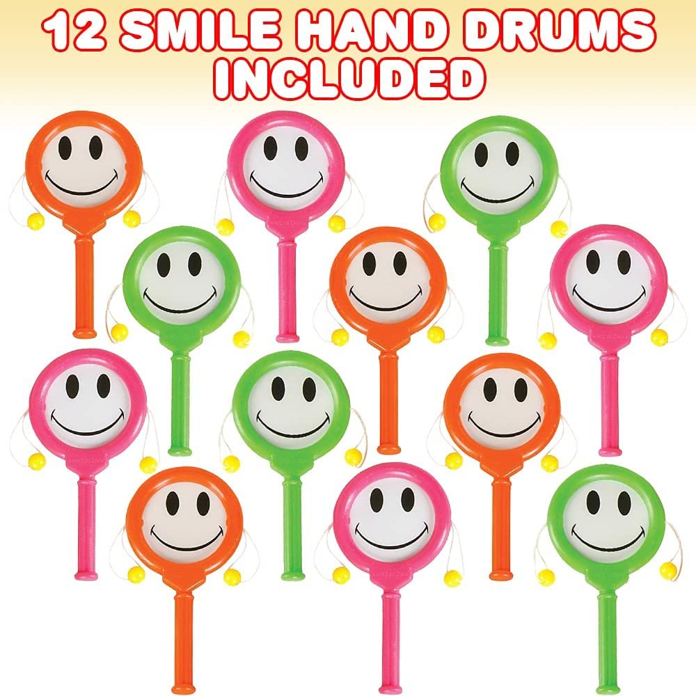 Smile Hand Drums, Set of 12, Musical Toys for Kids in Assorted Colors, Easy to Play Musical Instruments for Children, Noisemakers for Parties, Music Party Favors and Goodie Bag Fillers