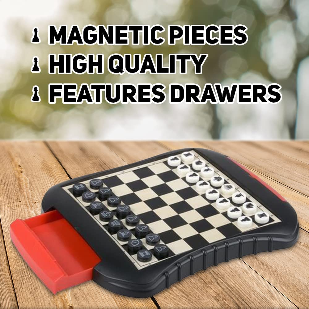 Gamie Mini Travel Chess Game, Magnetic Chess Board with Side Storage Drawers