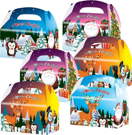 ArtCreativity Christmas Treat Boxes, Set of 12, Cardboard Paper Christmas Candy Boxes with Carry Handles, Adorable Xmas and Holiday Supplies, Christmas Goodie Bags for Sweets, Toys, Gifts, and More