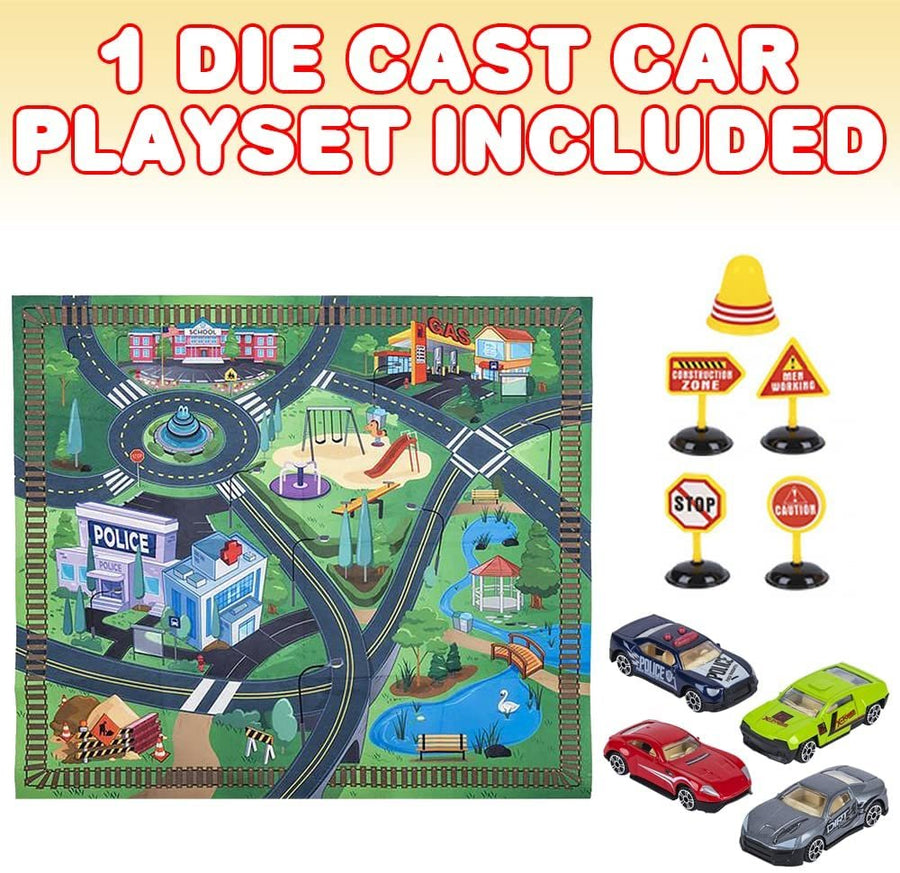 Diecast Car Set with Play Mat, Includes 4 Diecast Metal Toy Cars, 1 Play Rug, and 5 Traffic Signs, Race Car Birthday Party Supplies and Playroom Decorations, Colorful Race Car Toys