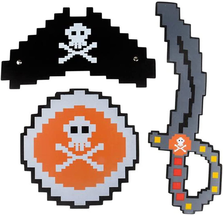 Foam Pixel Pirate Set, 3-Piece Kit with Pixelated Sword, Shield, and Hat, Unique Halloween Pirate Costume Accessories, Fun Pirate Toys for Kids, Great Birthday Gift Idea