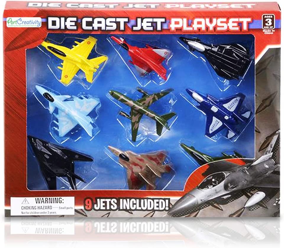 ArtCreativity Diecast Jet Toy Playset, Set of 9, Fighter Jet Toys in Assorted Colors and Designs, Great Birthday Party Favors, Goodie Bag Fillers, Gift Idea for Kids