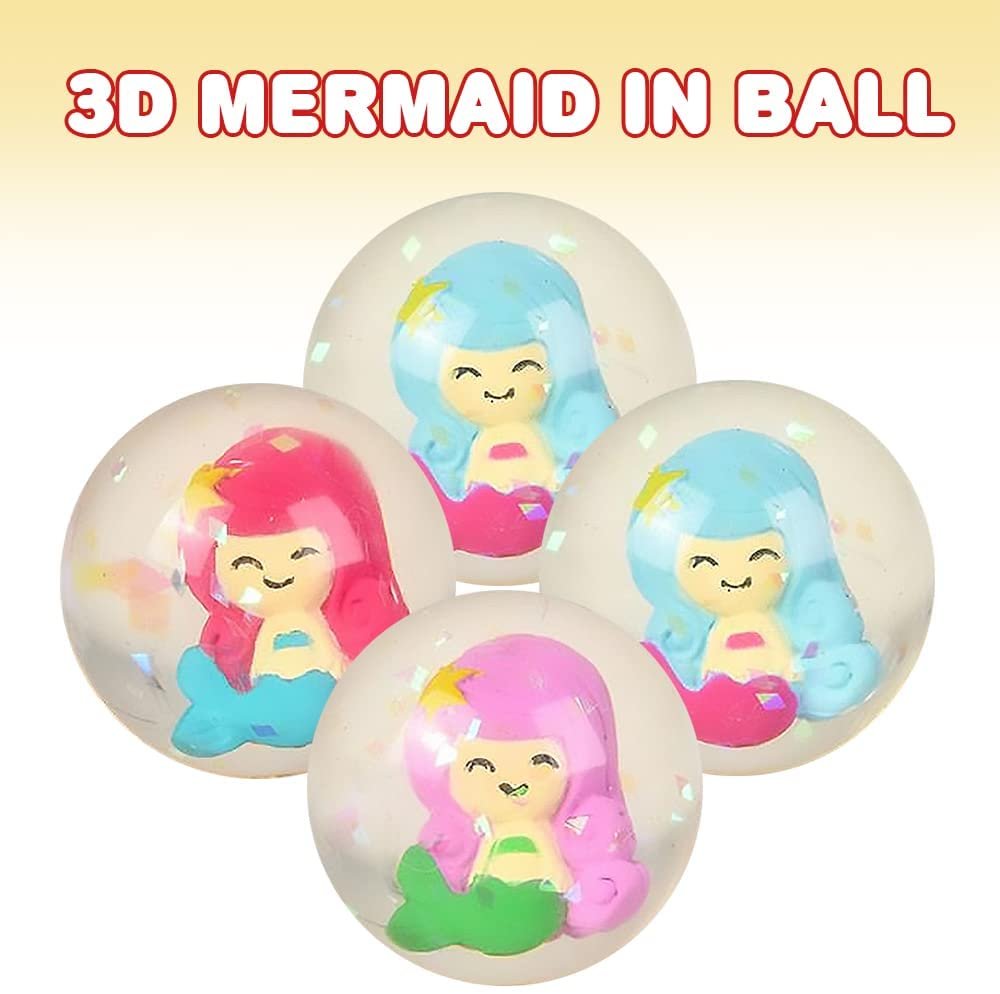 Mermaid High Bounce Balls, Set of 12, Balls for Kids with 3D Mermaid Character Inside, Outdoor Toys for Encouraging Active Play, Mermaid Party Favors and Pinata Stuffers for Boys & Girls