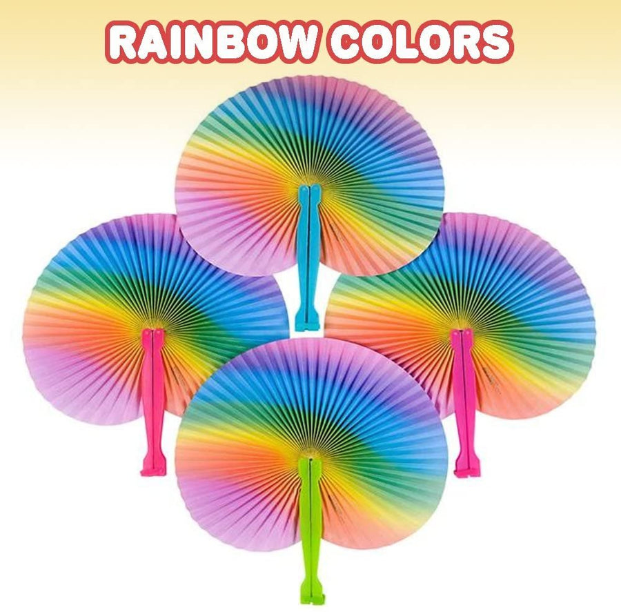 Rainbow Folding Fans Set - Pack of 12 - With Plastic Shafts - Cool Summer Contraption - Handheld Paper Fan - Hot New Party Favor and Prize - Fun Novelties and Gifts for Kids Ages 3+