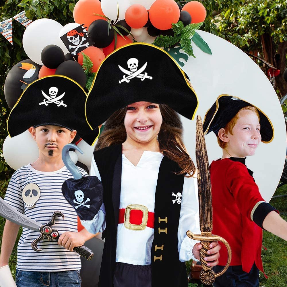 ArtCreativity Pirate Felt Hat for Kids, 1PC, Pirate Costume Hat with Skull and Cross Sword Design, Pirate Costume Prop for Halloween, Dress Up Parties, and Photo Booth, Black, White, and Gold