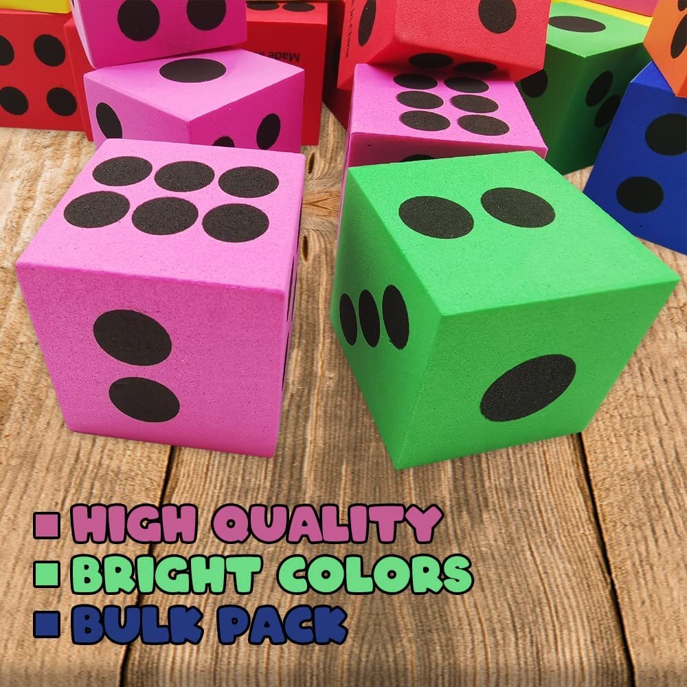 Foam Dice for Kids, Bulk Set of 48, 1.5" Large Foam Dice Set in Assorted Colors, Great as Foam Dice for Classroom, Casino Party Decorations, and Colored Dice for Board Games