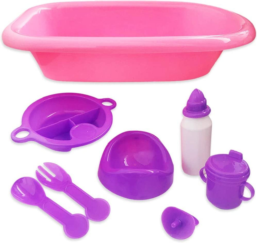 Baby Doll Bath Playset, 8PC Baby Doll Accessories Set, Includes Mini Bathtub, Bottle, Sippy Cup, Plate and More, Cute Doll Toys for Girls, Great Birthday Gift for Kids