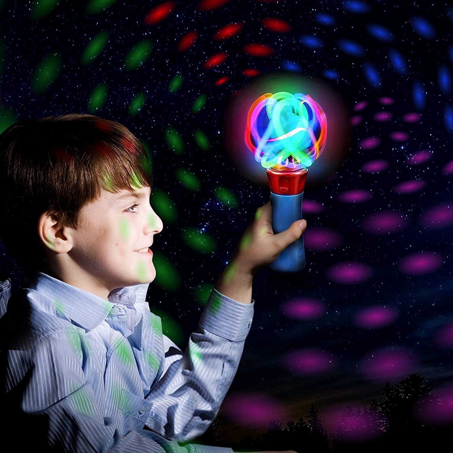 ArtCreativity, Red & Blue Light Up Orbiter Spinning Wands, Sensory Toys for Toddlers, Set of 2, 7" LED Spin Toy, Autistic Children, Boys, Girls, Birthday, Classroom Prizes
