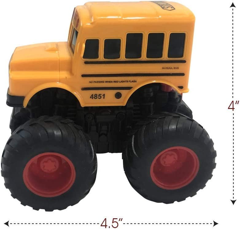 Yellow School Bus Toy with Black Monster Truck Tires, Push n Go Toy Car for Kids, Durable Plastic Material, Best Birthday Gift for Boys, Girls, Toddlers