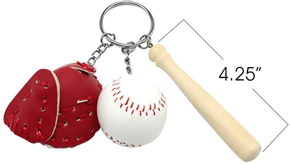 Baseball Keychains for Kids, Set of 12, Wooden Baseball Bat Keychains with a Ball and Mitt, Baseball Party Favors, Sports Party Goodie Bag Fillers, and Gifts for Athletes, 3 Colors