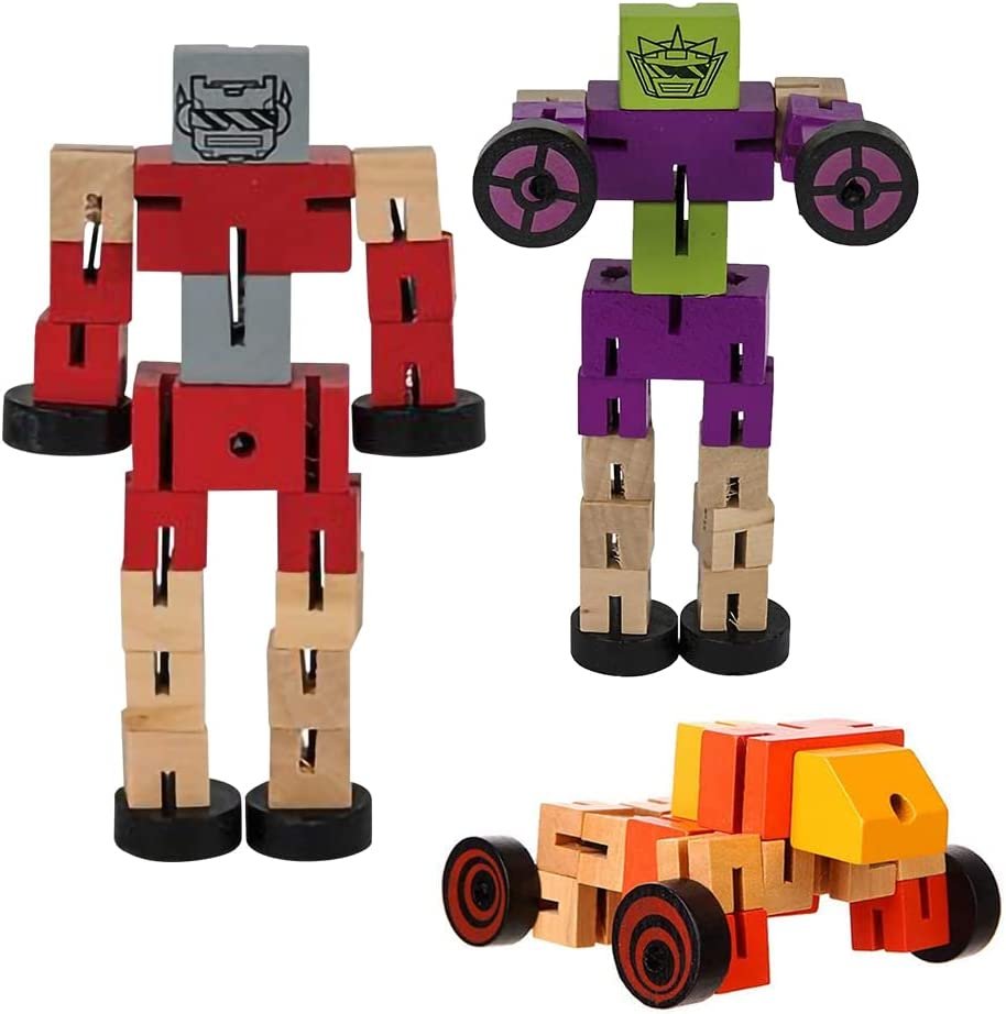 Arbotoy Wooden Toy Robots - 3 Pack - Adorable Action Figures, Toy Cars in Asso ...