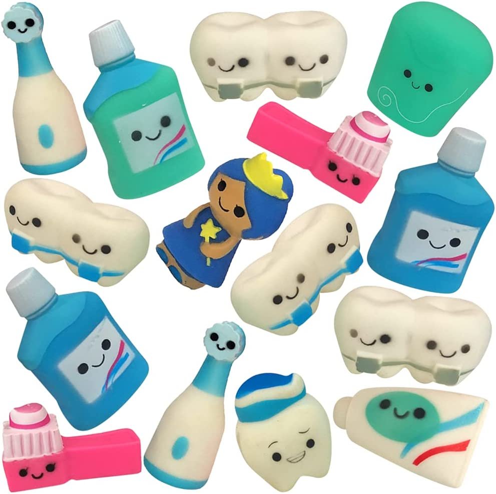 Dental Character Assortment, Set of 25, Cute Tooth Fairy Toys for Kids, Rubbery Dentist Office Giveaways for Children, Holiday Stocking Stuffers, Unique Birthday Party Favors