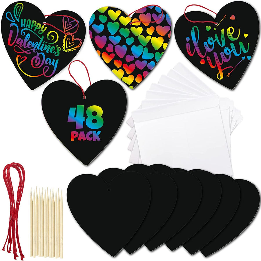 Scratch Off Valentine Cards for Kids, Ink-Free Hearts - Set of 48