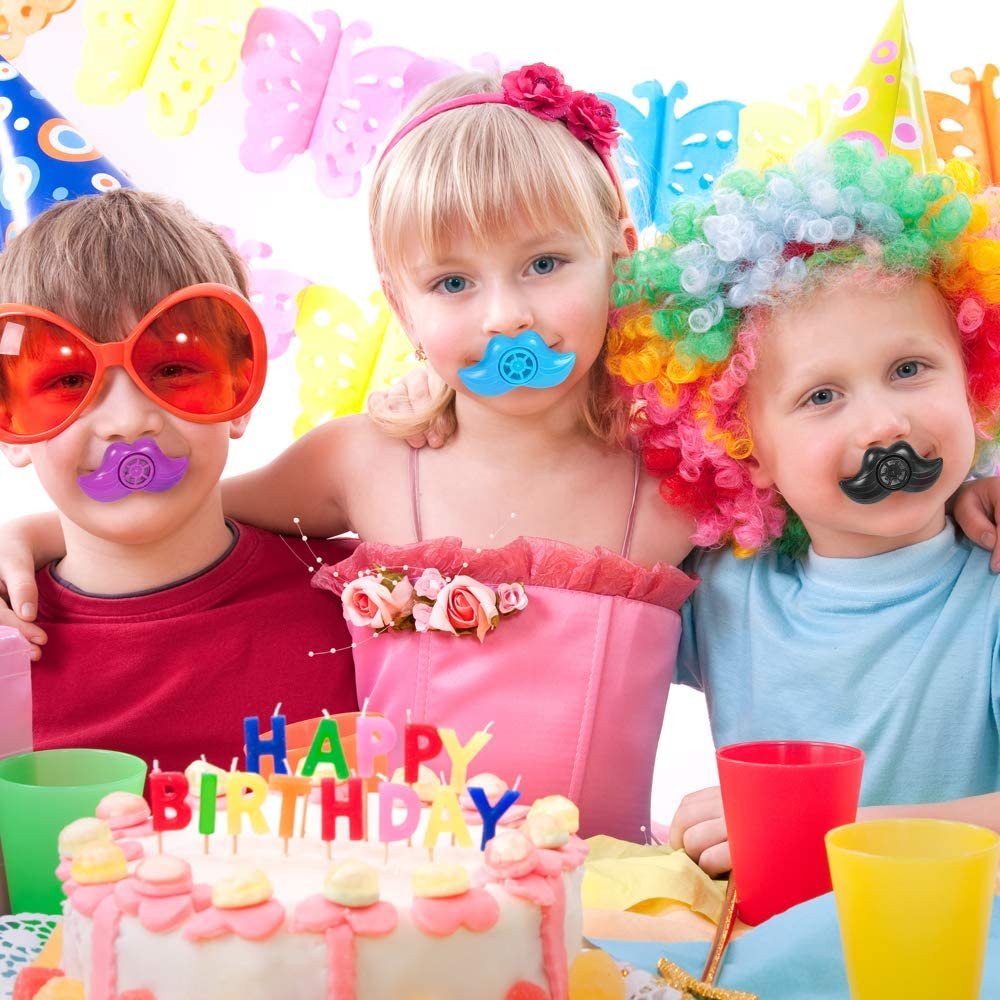 Mustache Lip Whistles for Kids, Bulk Pack of 48, Durable Plastic Noise Maker Party Whistles, Bright Assorted Colors, Birthday Party Favors, Goodie Bag Fillers, Treasure Box Prizes