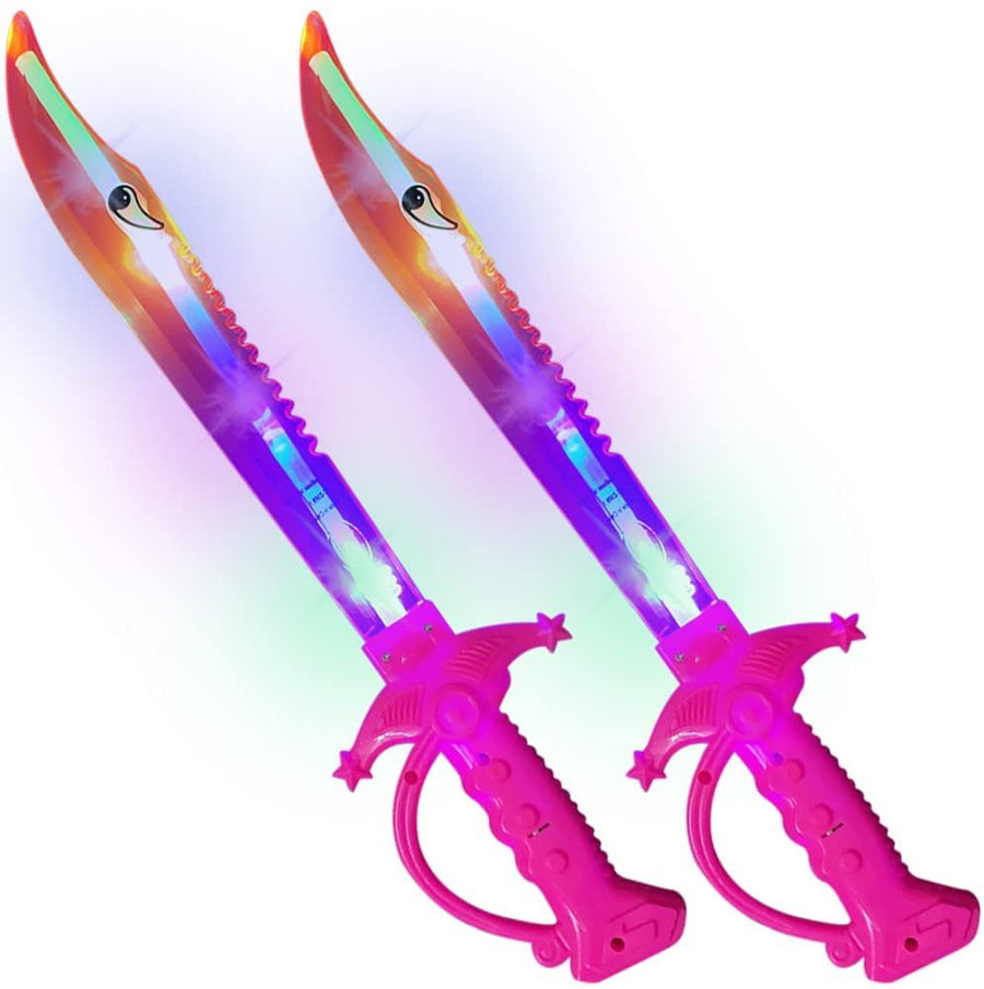Light Up Pink Shark Swords for Kids, Set of 2, 15" Toy Sword with Flashing LED Lights, Halloween Dress-Up Costume Accessories, Great Birthday Gift for Boys and Girls