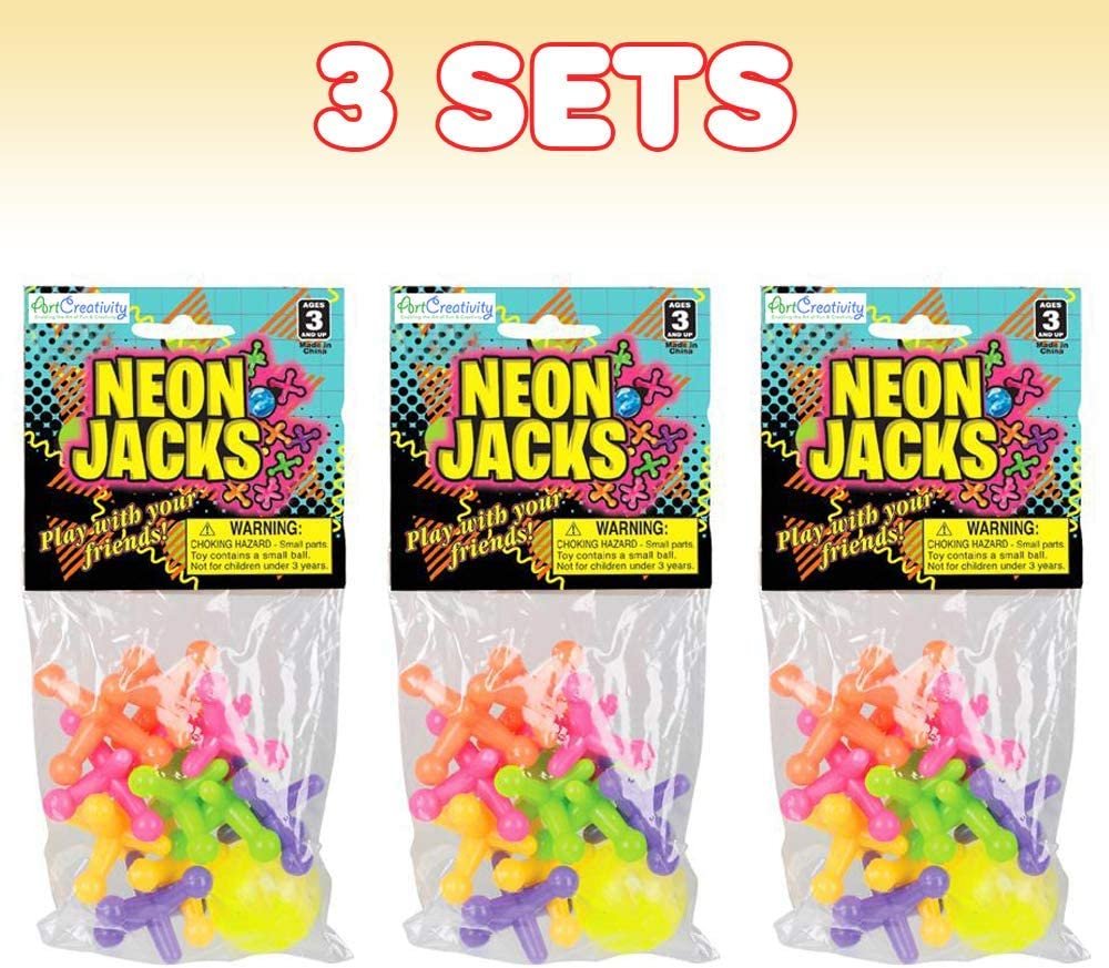 Large Neon Jacks Game, 3 Sets, Each Set with 10 Plastic Jacks and 1 Marbleized Rubber Ball, Vintage Toys, Fun Activity for Kids, Birthday Party Favors for Boys and Girls