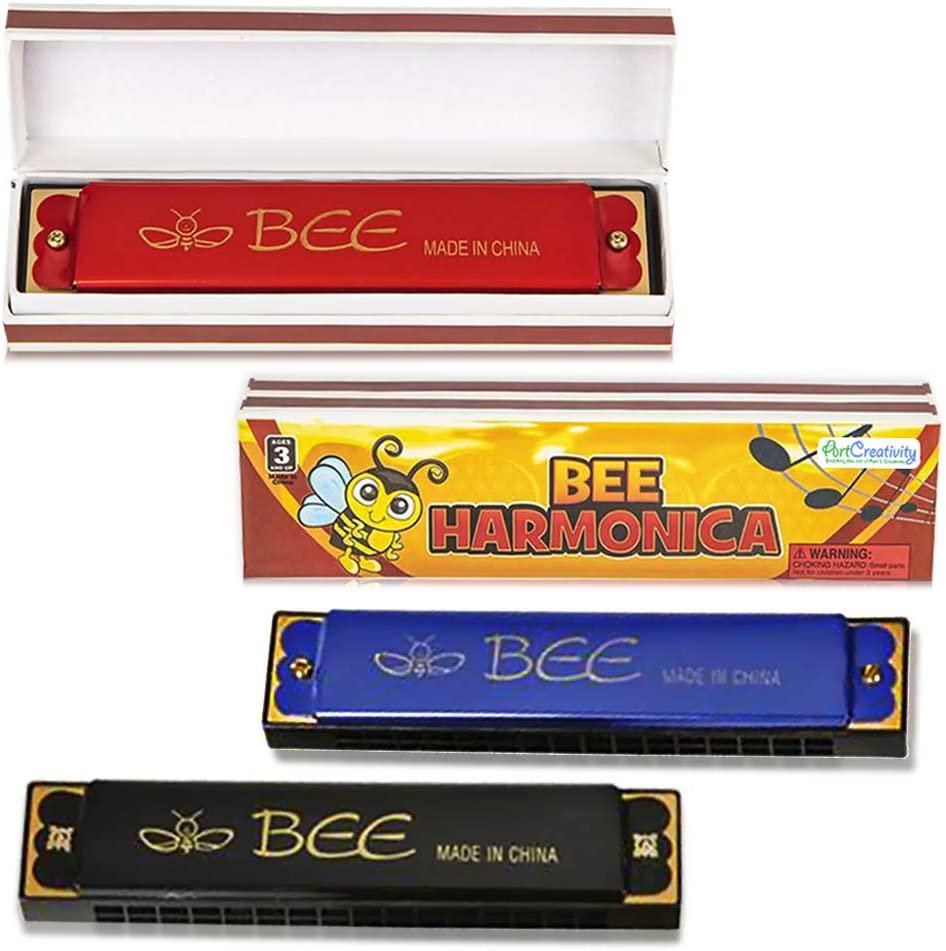 ArtCreativity Bee Harmonicas for Kids, Set of 4, Fun Musical Instruments for Children, Individually Wrapped Music Toys in Gift Box, Fun Birthday Party Favors and Stocking Stuffers for Boys and Girls