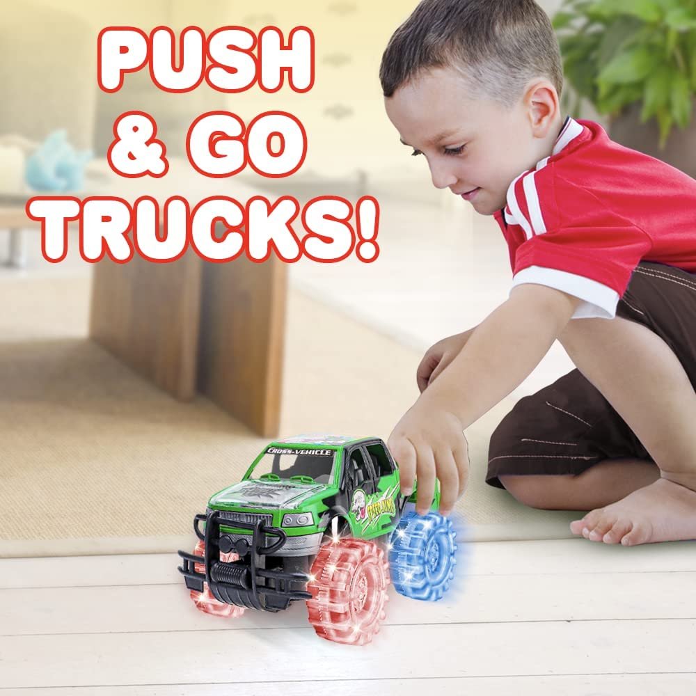 ArtCreativity Light Up Green Monster Truck, 1 Piece, 8 Inch Toy Monster Truck with Flashing LED Tires and Batteries, Push n Go Car Toys for Kids, Fun Gift for Boys and Girls Ages 3 and Up…