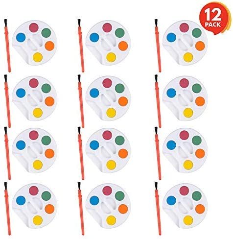 Mini Paint Sets - Pack of 12 - Each Set Incudes Five Water Paint Colors Paint in Tray with Painting Brush - Artistic Crafts and Supplies - Great for Schools, Party Favor, Prize for Kids