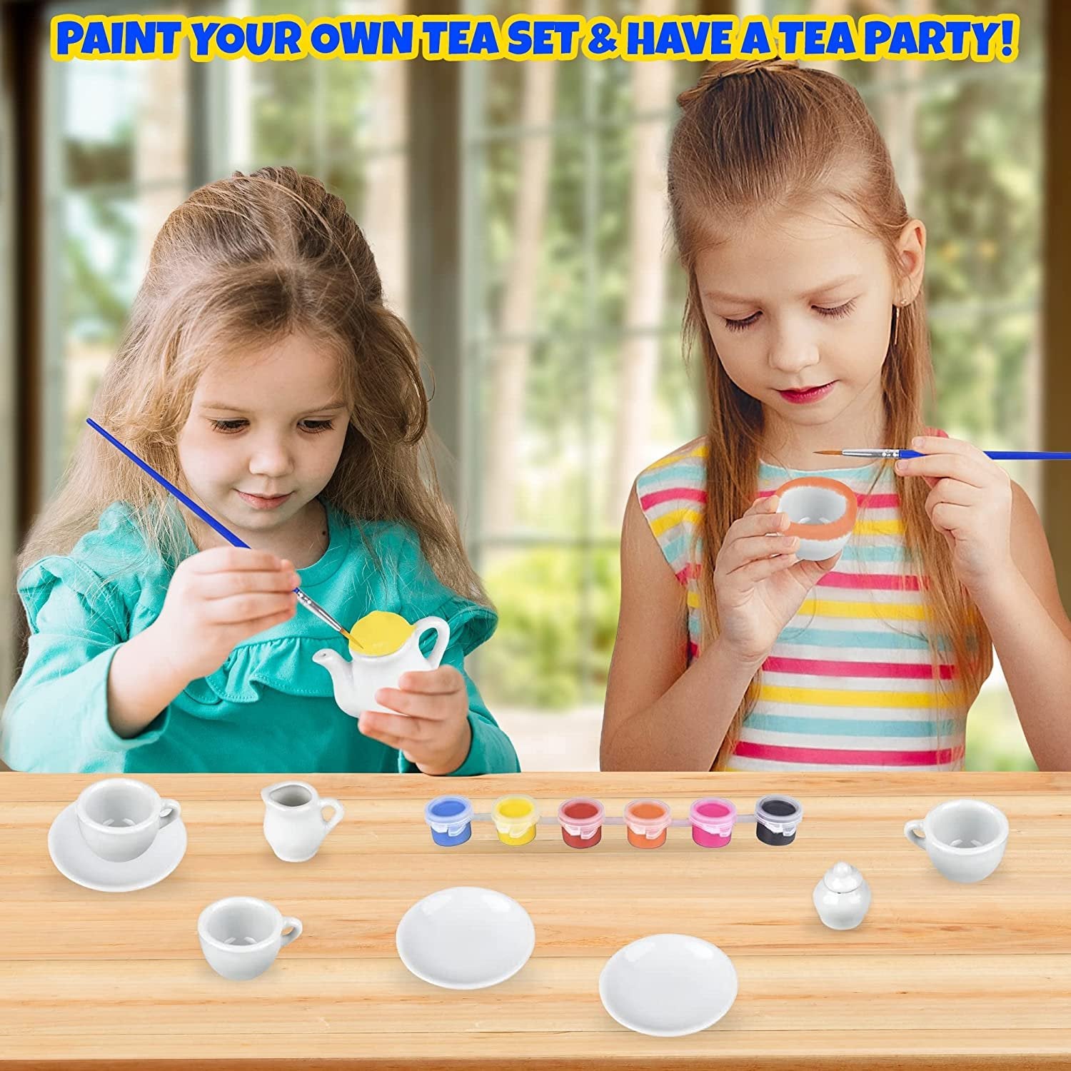 Paint Your Own Play Tea Set for Kids, Ceramic Craft Tea Set for Little Girls, Kids’ Arts & Crafts Painting Kit with 13 Paintable Ceramic Dishes, 6 Paint Colors, & Paintbrush