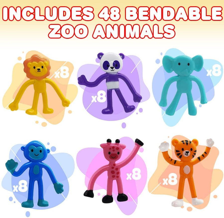 Mini Bendable Zoo Animals, Set of 48, Stress Relief Animal Toys for Kids in Panda, Tiger, Giraffe, Monkey, Elephant and Lion Designs, Zoo Birthday Party Favors and Safari Party Supplies