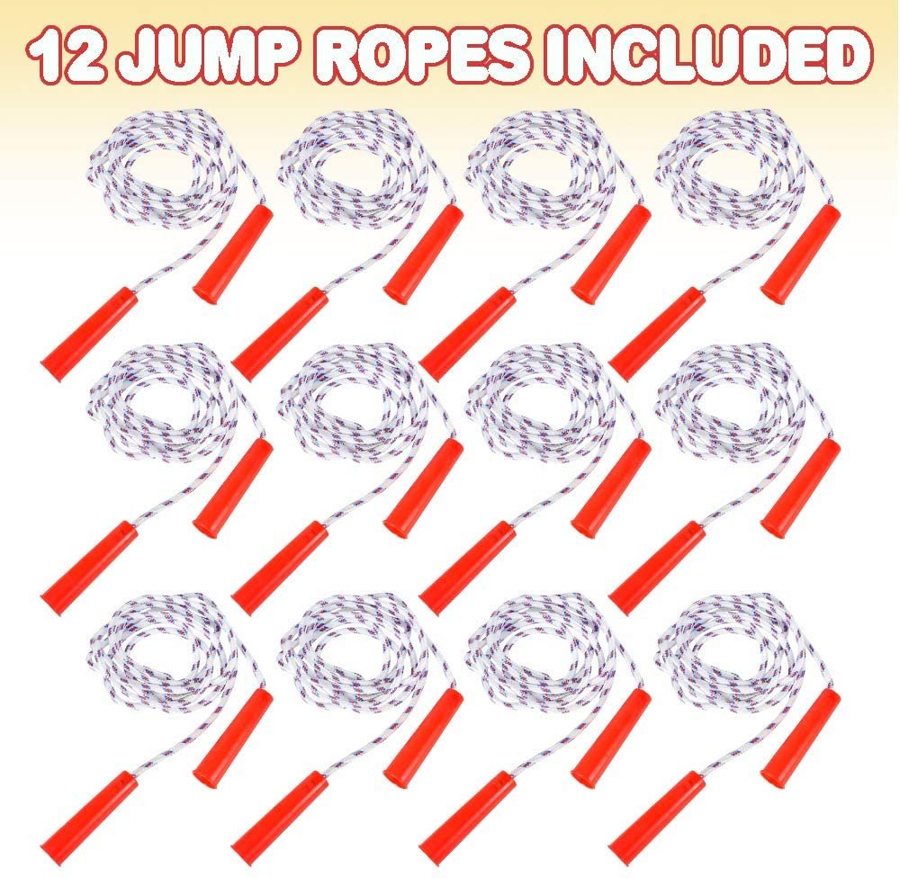 84" Nylon Ropes for Kids - Pack of 12 - Durable Jump Ropes with Plastic Handles - Healthy Indoor and Outdoor Skipping Activity, Party Favors, Gifts for Boys and Girls