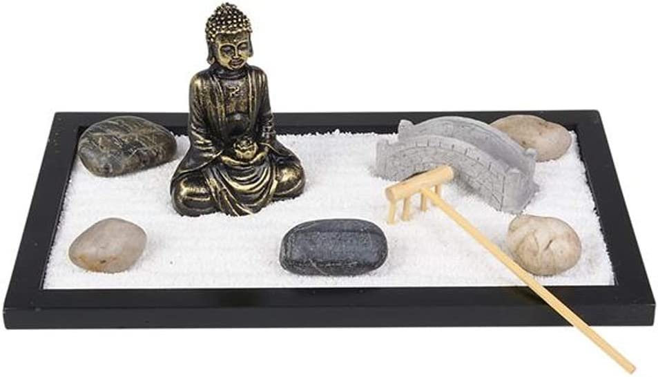 Mini Zen Garden with Buddha Statue, Rake, Sand, Bridge and Rocks - 11" x 6.5" - Home, Office Desk, and Living Room Table Top Decor - Stress Reliever, Meditation, Relaxation Gift