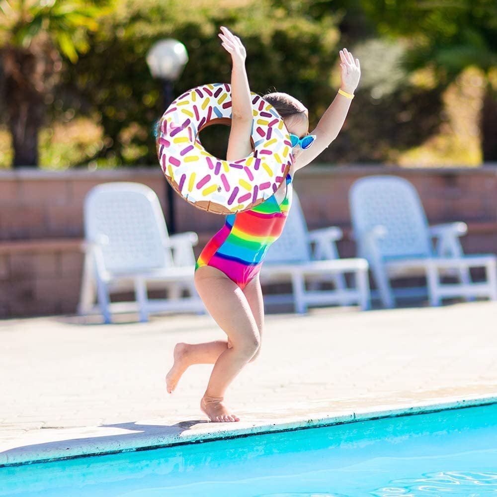22" Donut Tube Inflates, Set of 2, Colorful Inflatable Donut Tubes in Assorted Designs, Donut Birthday Party Decorations Supplies, Durable Water Pool Toys for Kids, Fun Donut Party Favors