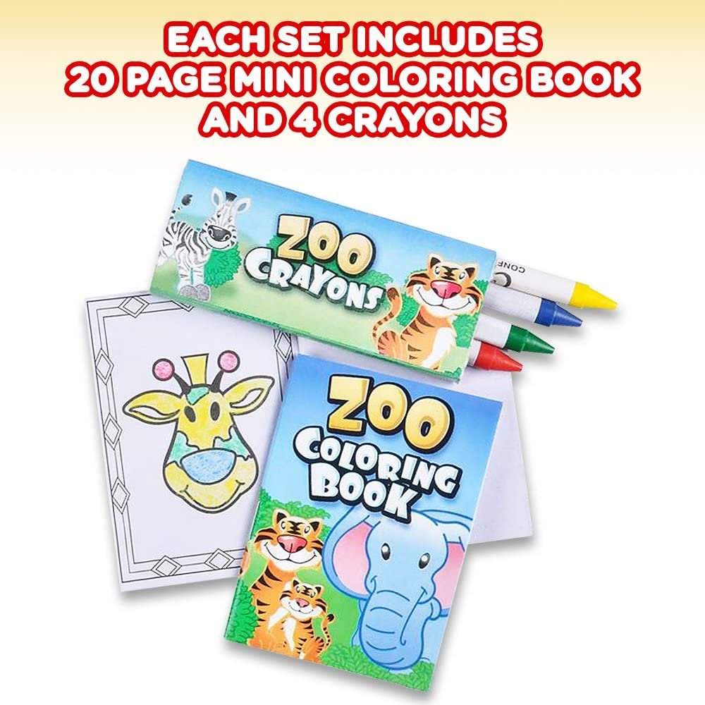 ArtCreativity Zoo Animal Mini Coloring Book Kit - 12 Sets - Each Set Includes 1 Small Color Book and 4 Crayons - Zoo Theme Party