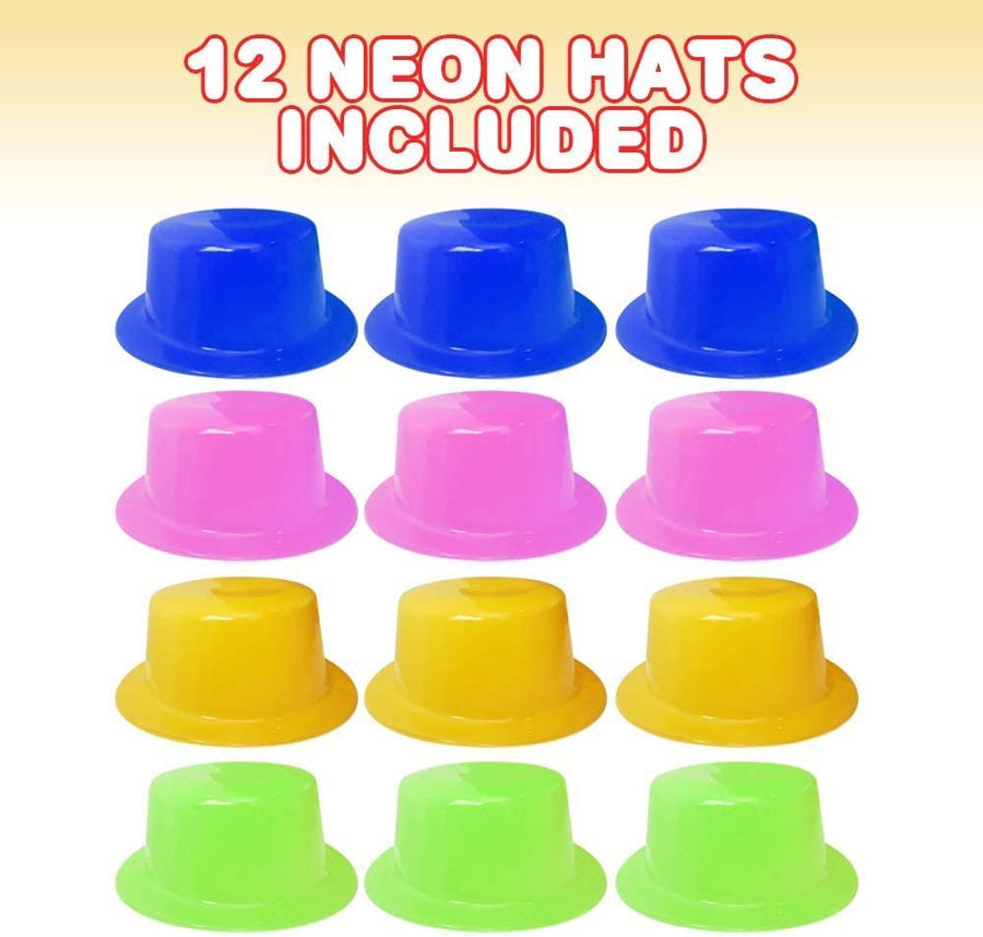 Neon Plastic Top Hats, Set of 12, Vibrant Party Hats for Kids, Durable and Comfortable, Neon Supplies and Accessories for Birthday Party, Wedding, Mardi Gras, Halloween