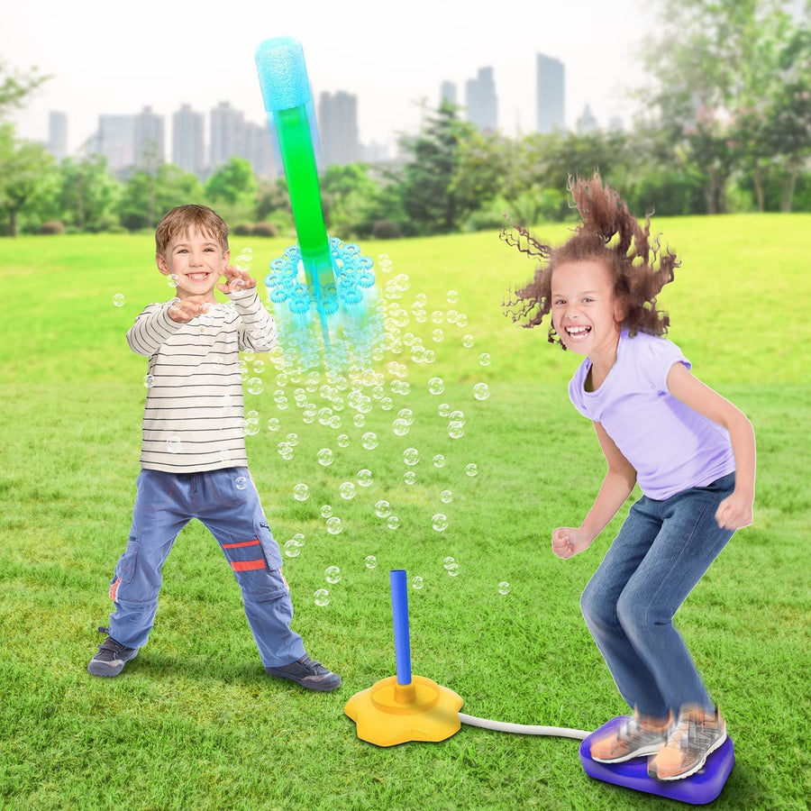 Bubble Rocket Launcher Toy Set, Includes 2 Bubble Rockets, Bubble Solution, Pump, and Base, Flying Bubble Blaster Rockets for Hours of Outdoor Fun, Bubble Maker Gift for Kids
