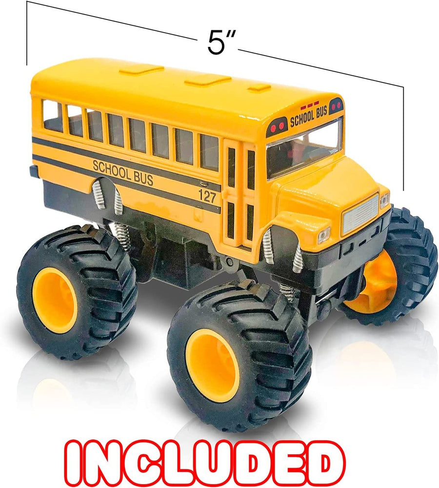 5" Pull Back School Bus Toy Set - Set of 2 - Includes 5" Monster-Wheel Bus and 5" Classic Schoolbus, Diecast Bus Playset with Pull Back Mechanism, Great Gift Idea for Kids