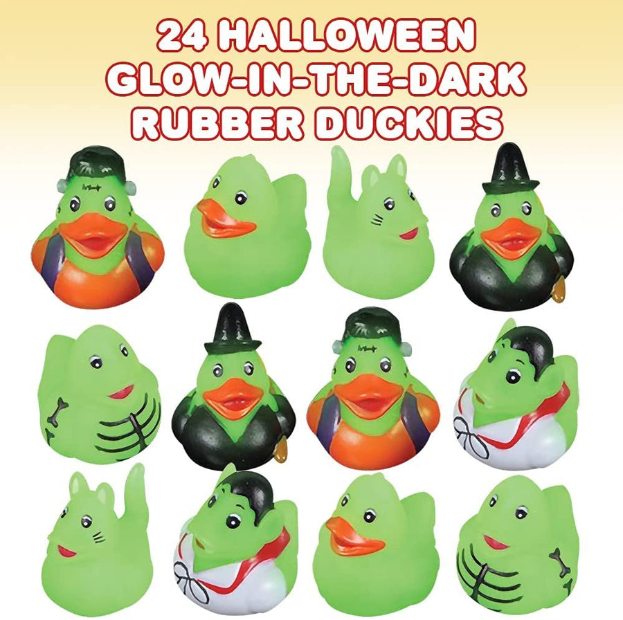 Halloween Glow-in-the-Dark Mini Rubber Duckies, Set of 24, Variety of Halloween Characters, Trick or Treat Supplies, Goodie Bag Fillers, Party Favors, Halloween Themed Bathtub Toys