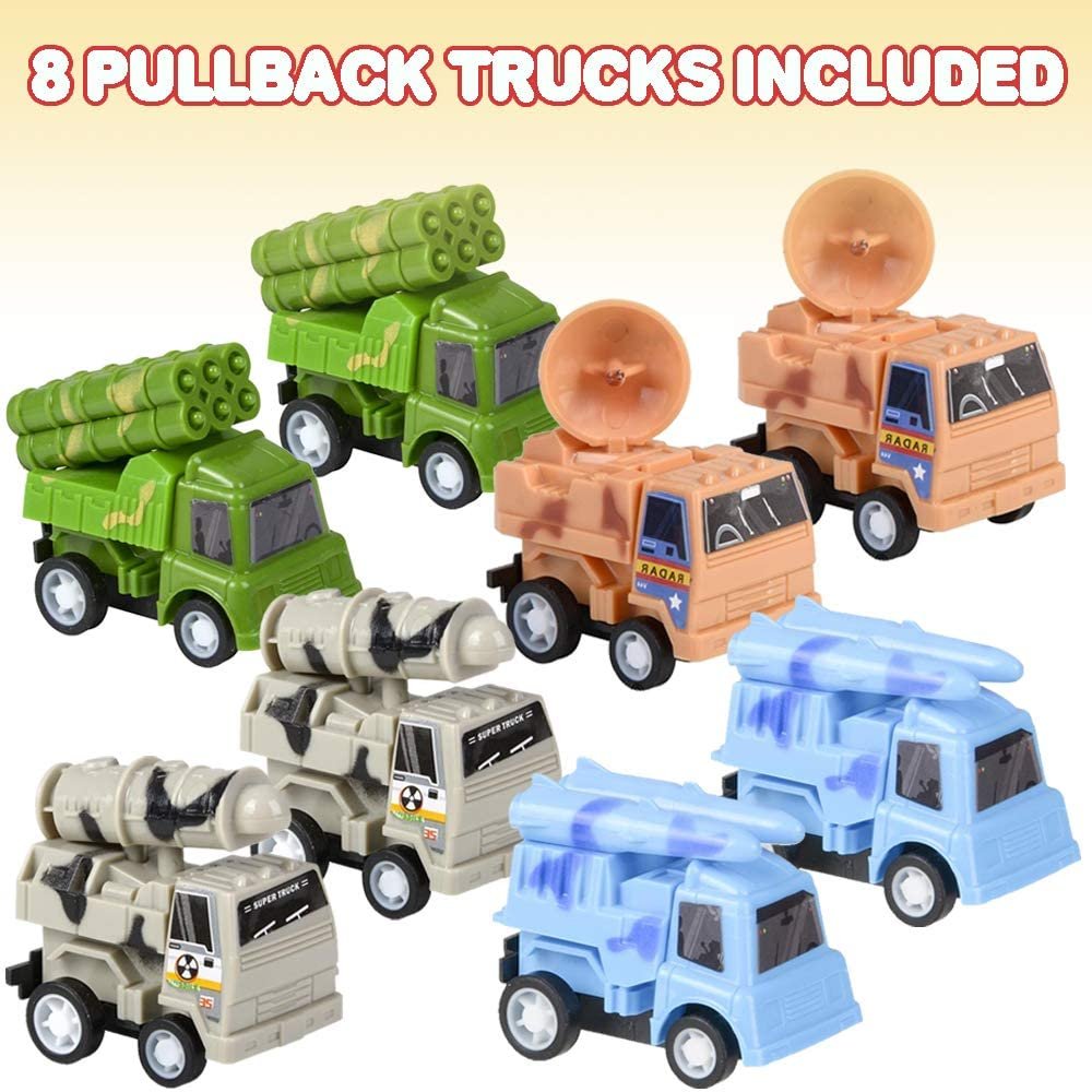 Pull Back Combat Trucks for Kids, Set of 8, Mini Military Toy Cars for Boys & Girls, 4 Cool Designs in Durable Plastic, Fun Birthday Party Favors, Gifts, Goodie Bag Fillers, Cake Toppers