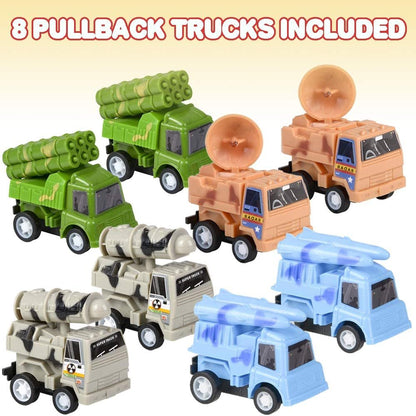 ArtCreativity Pull Back Combat Trucks for Kids, Set of 8, Mini Military Toy Cars for Boys & Girls, 4 Cool Designs in Durable Plastic, Fun Birthday Party Favors, Gifts, Goodie Bag Fillers, Cake Toppers