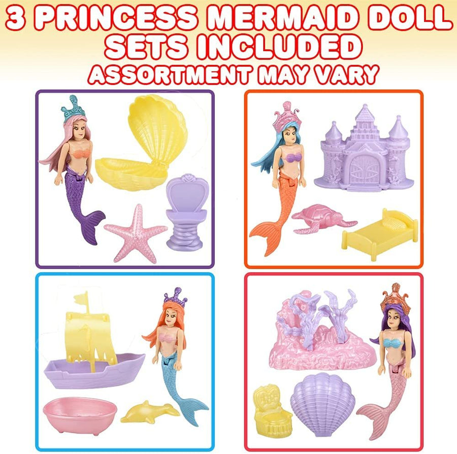 Princess Mermaid Doll Playset, Set of 3, Mermaid Toys for Girls and Boys with Doll, Castle, Shells, Mirror, Throne, and More, Princess Party Favors, Pretend Play Toys for Kids