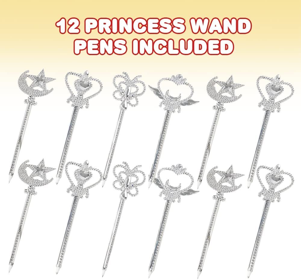 Princess Wand Ballpoint Pens, Set of 12, Pens for Kids with 4 Wand Designs and Blue Ink, Princess Party Favors for Kids, Back to School Gifts and Classroom Prizes for Boys and Girls