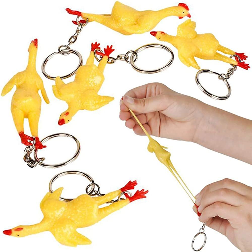 Rubber Chicken Keychains for Kids, Set of 12, Key Chains with Stretchy Chicken Fidget Toy, Stress Relief Toys for Kids and Adults, Keyholder Birthday Party Favors, Goodie Bag Fillers