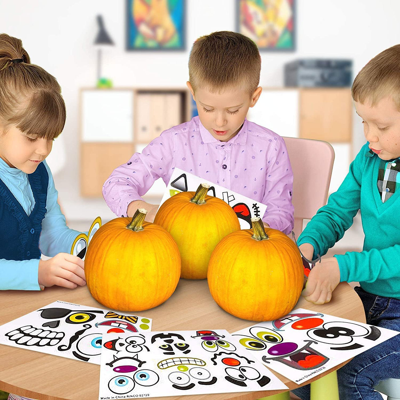 Halloween Pumpkin Decorating Stickers - 24 Sheets - Jack-o-Lantern Decoration Kit - 52 Total Face Stickers - Cute Halloween Decor Idea - Treats, Gifts, and Crafts for Kids- 3” x 5”