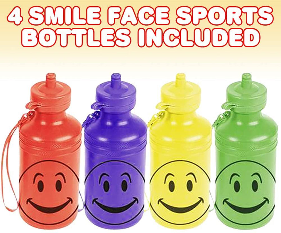 Smile Face Sports Bottles, Set of 4, Plastic Kids’ Water Bottles with Spill Proof Cover, 18oz Reusable Sport Bottles for Boys & Girls, School & Sports , 4 Colors