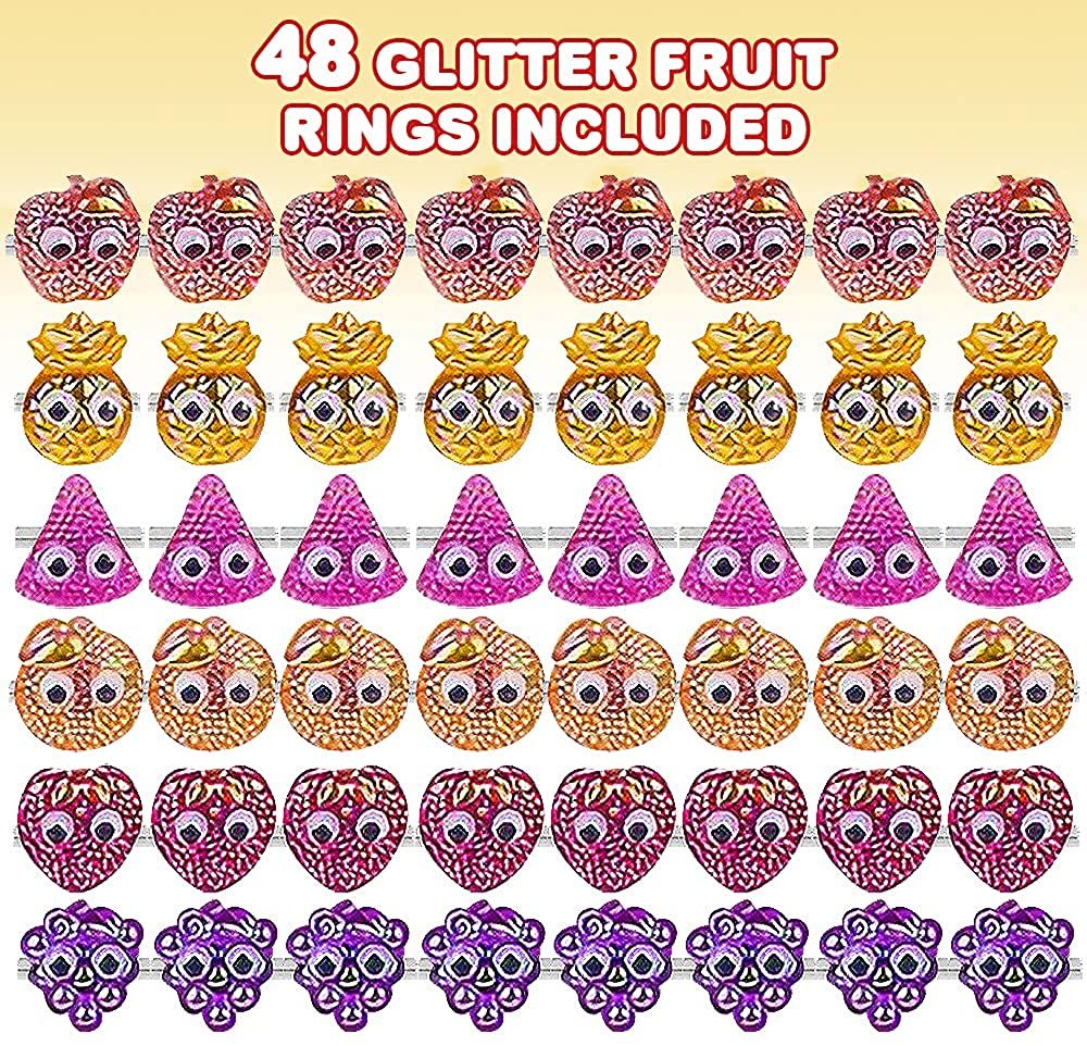 ArtCreativity Glitter Fruit Rings for Kids, Set of 48, Adorable Jewelry for Little Girls & Boys, Glitzy Plastic Rings in Fun Assorted Colors & Designs, Dress Up Accessories, Goodie Bag Fillers