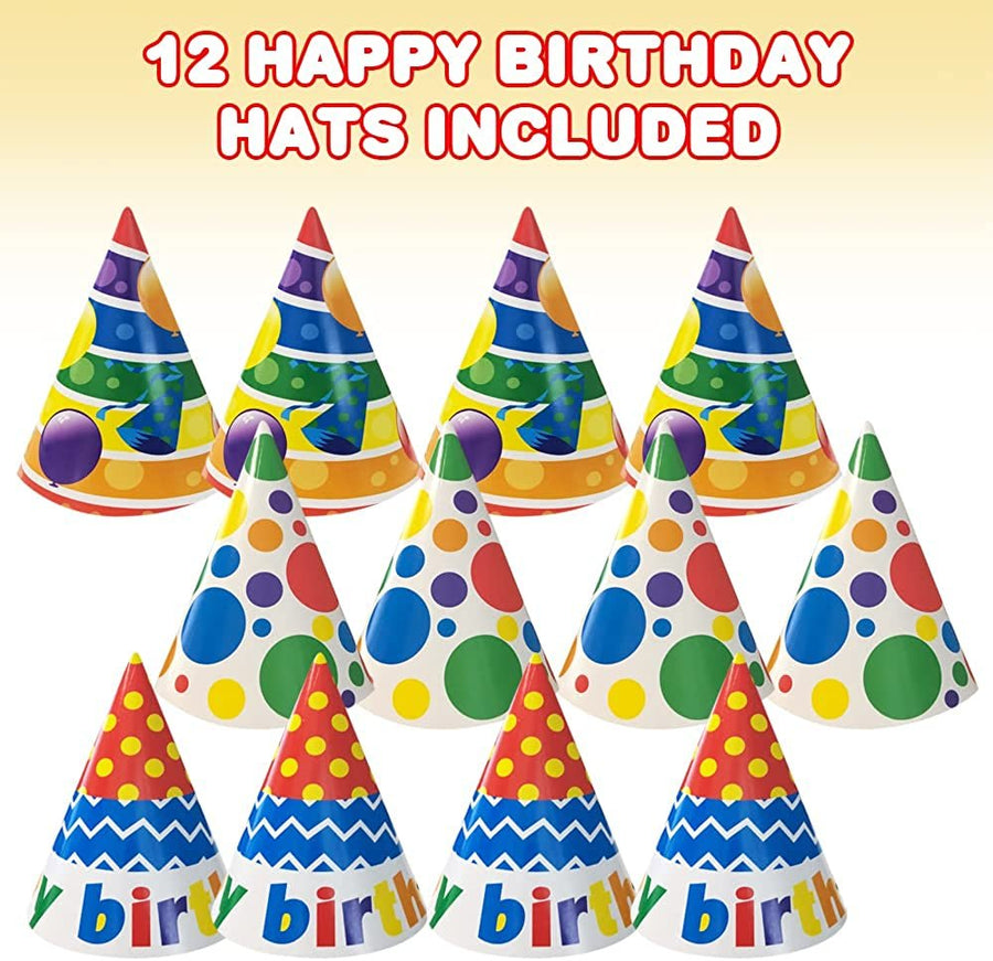 Happy Birthday Hats for Kids, Set of 12, Sturdy Paper Party Hats with an Elastic Chin Strap, Kids Birthday Party Supplies and Happy Birthday Decorations, 3 Different Designs