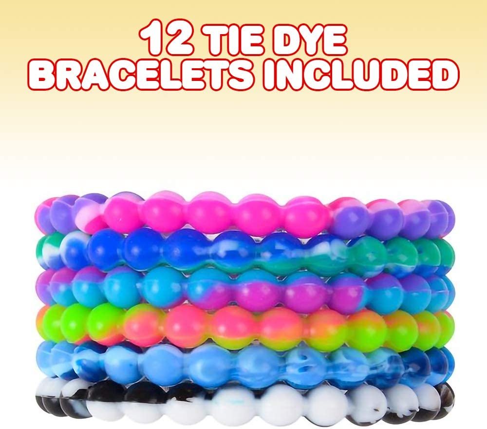 Tie Dye Bead Bracelets - Pack of 12 Stretch Novelty Wristbands in Assorted Colors - Fun Party Favor, Carnival Prize, Goodie Bag Fillers, Bracelets for Kids and Adults