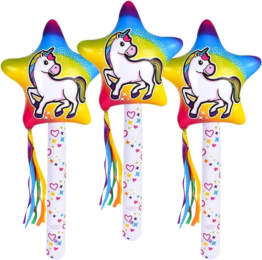 ArtCreativity Unicorn Wand Inflates, Set of 3, Inflatable Princess Wands with Cute Tassels and Vibrant Colors, Unique Swimming Pool Toys for Kids, Vinyl Unicorn Party Decorations, 37 Inches Tall