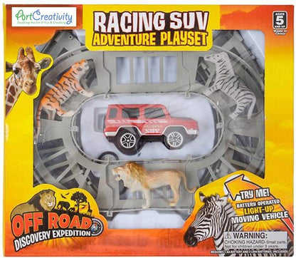 ArtCreativity Battery Operated SUV Playset for Kids, Adventure Play Set with 3 Animal Figurines, 10 Tracks, and SUV Safari Car with Lights and Sounds, Best Car Gifts for Boys and Girls