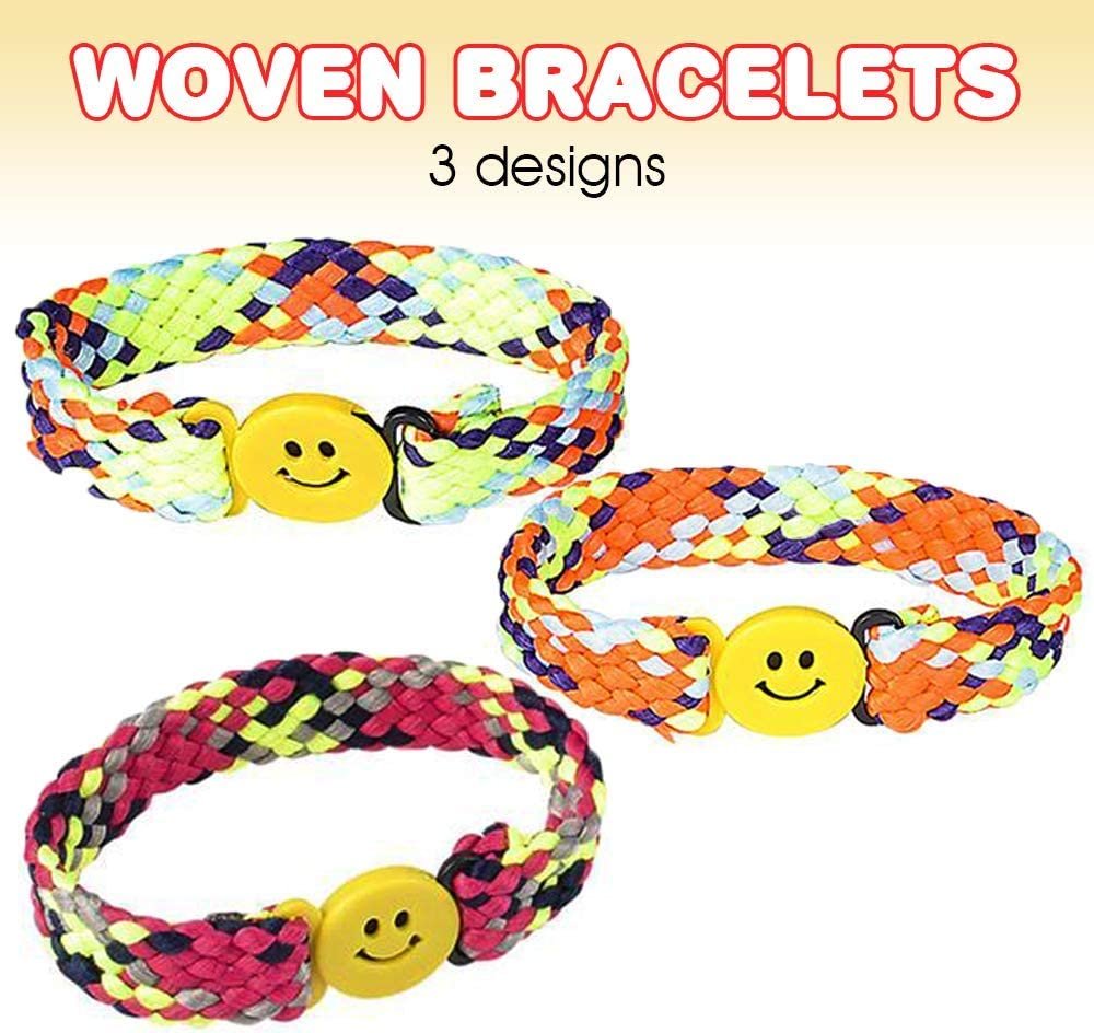 ArtCreativity Woven Smile Face Bracelets - Pack of 12 - Novelty Bracelets with Plastic Buckle Strap - Fashionable Party Favor, Carnival Prize, Party Bag Stuffers, Great Gift for Boys and Girls