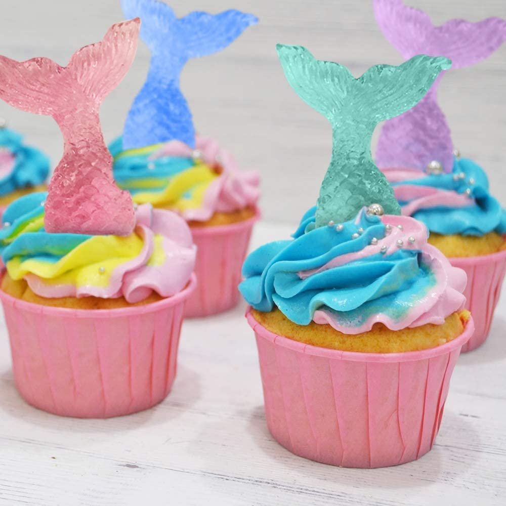 Acrylic Mermaid Tail Cake & Cupcake Toppers, Set of 24, Mini Mermaid Tail Figurines, Decorations for Sea, Nautical, Mermaid, & Baby Shower Parties, Fun Party Favors, Goodie Bag Fillers