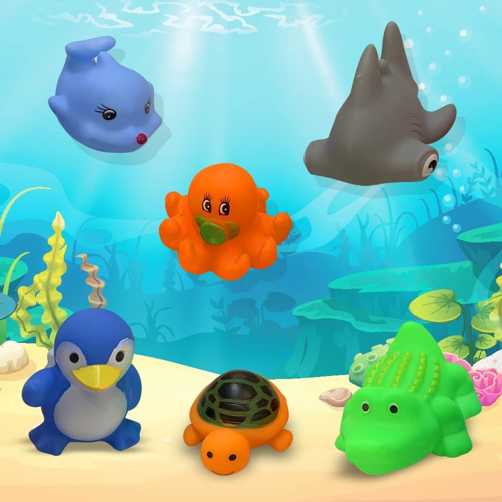 Vinyl Sea Animals, Pack of 12 Assorted Squeezable Toys, Aquatic Birthday Party Favors for Kids, Fun Bath Tub and Pool Toys for Children, Educational Learning Aids for Boys and Girls