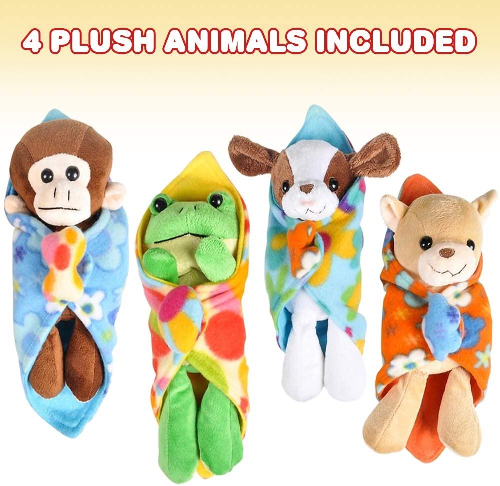 Plush Baby Animal Toys with Cozy Blankets, Set of 4, Dog, Frog, Monkey, and Teddy Bear Stuffed Animals for Kids, Cute Girls’ and Boys’ Nursery Décor, Fun Gifts and Party Favors