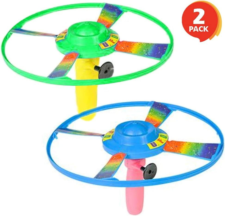 Pull Cord UFO Flying Saucers - Set of 2-10" Space Ship Toys - Fly Over 65 Feet - Birthday Party Favors, Gift Idea for Boys and Girls, Carnival and Contest Prize - Colors May Vary